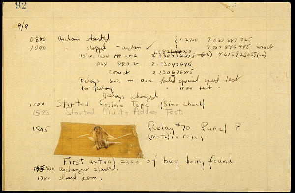 Diario de Grace Murray Hopper con una imagen de la polilla a la que se le conoce como "el primer bug".