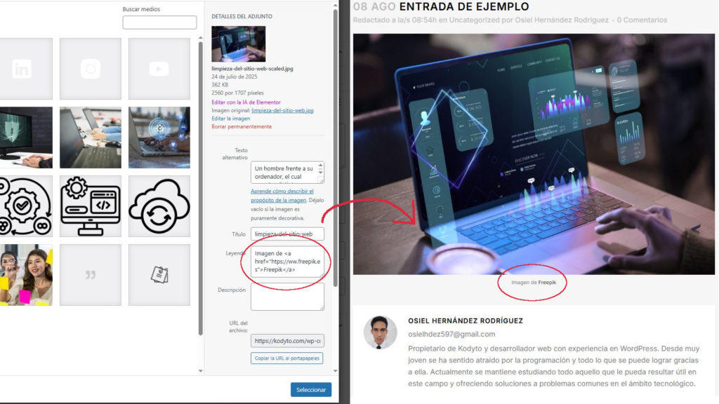 Configuración de la leyenda en los ajustes de imagen de la entrada en WordPress