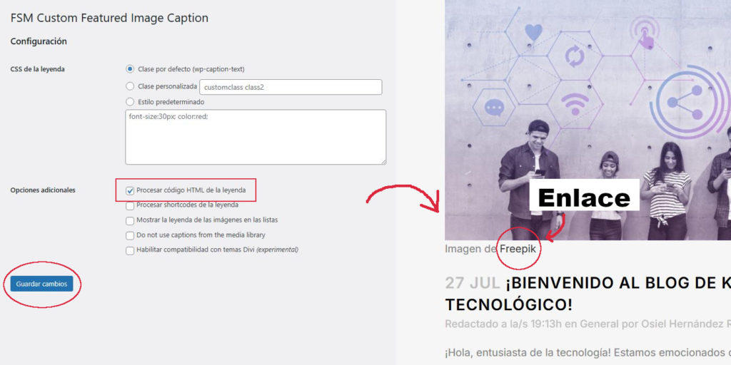 Configuración del plugin para que se vean los enñaces en la leyenda de las imágenes.