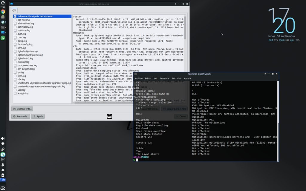 Escritorio de MX Linux ostrando dos ventanas abiertas. Una de ellas es "información del sistema" y la otra es la terminal, la cual muestra el resultado del comando "lscpu".