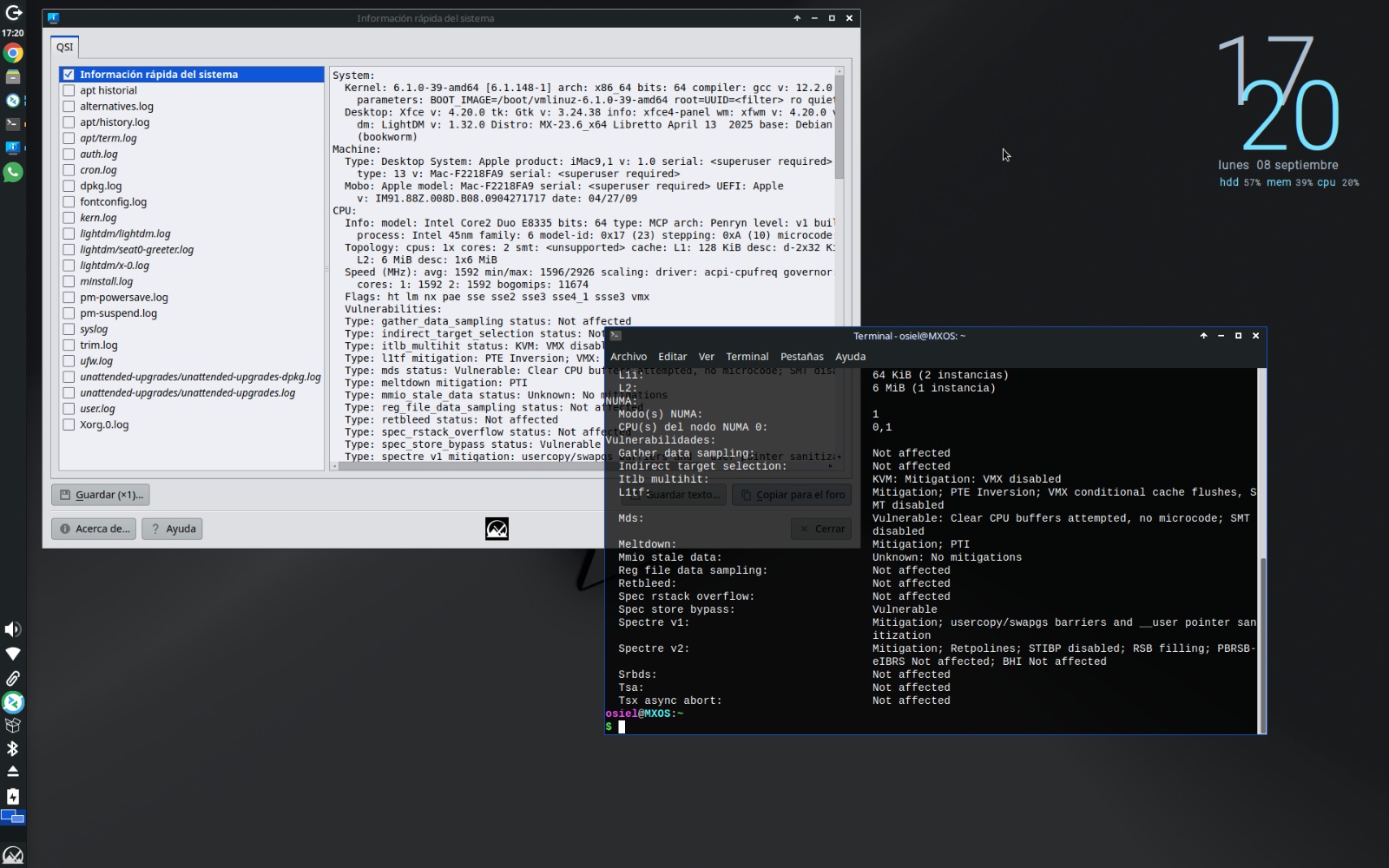 Escritorio de MX Linux ostrando dos ventanas abiertas. Una de ellas es "información del sistema" y la otra es la terminal, la cual muestra el resultado del comando "lscpu".