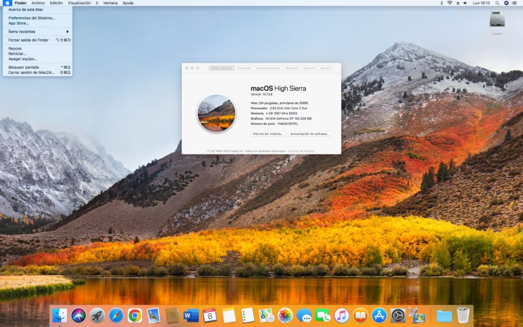 Escritorio de macOS 10.13 "High Sierra", mostrando las especificaciones del ordenador en la ventana "Acerca de este Mac".