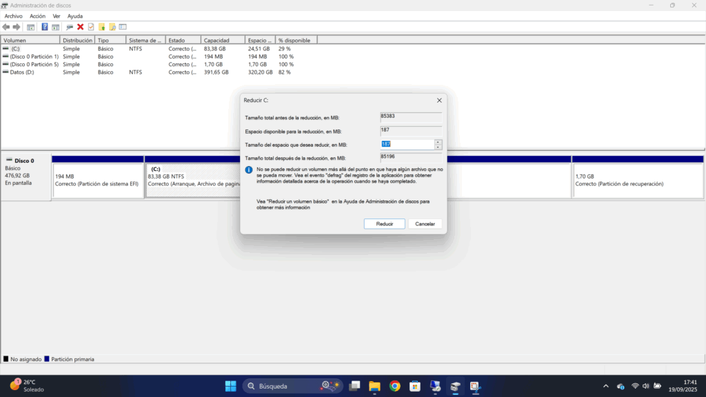 Herramienta de administración del disco en Windows.