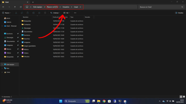 Carpeta de usuario de Windows en la partición D: del disco.