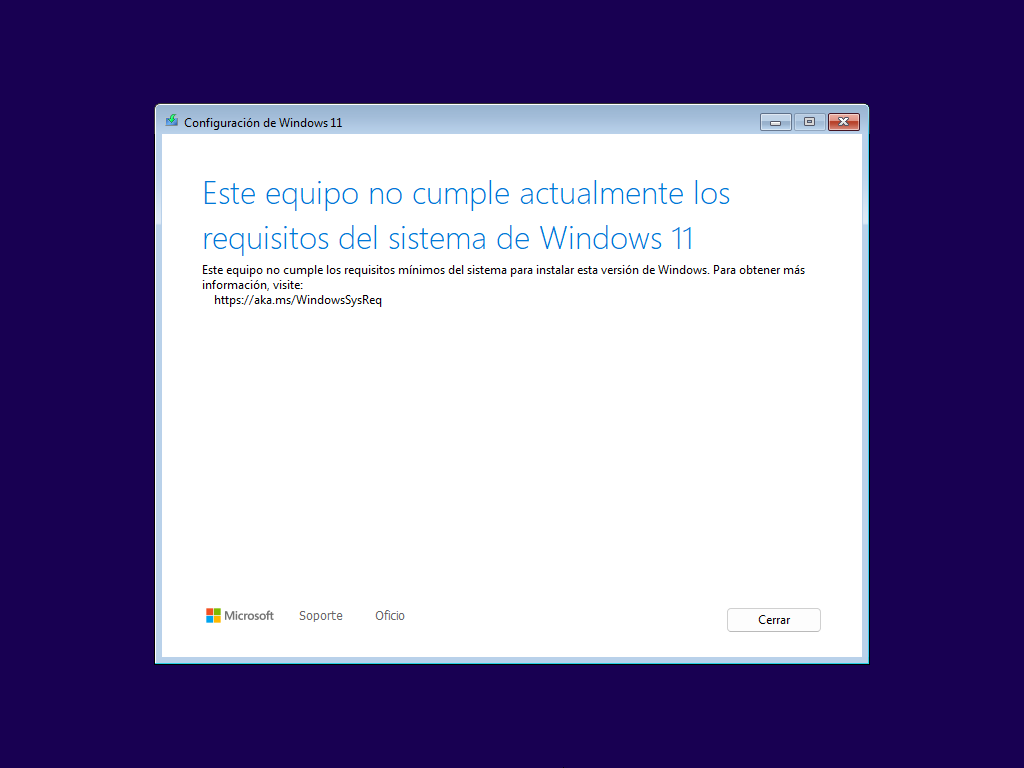 Ventana de error del instalador de Windows 11: "Este equipo no cumple actualmente los requisitos del sistema de Windows 11".