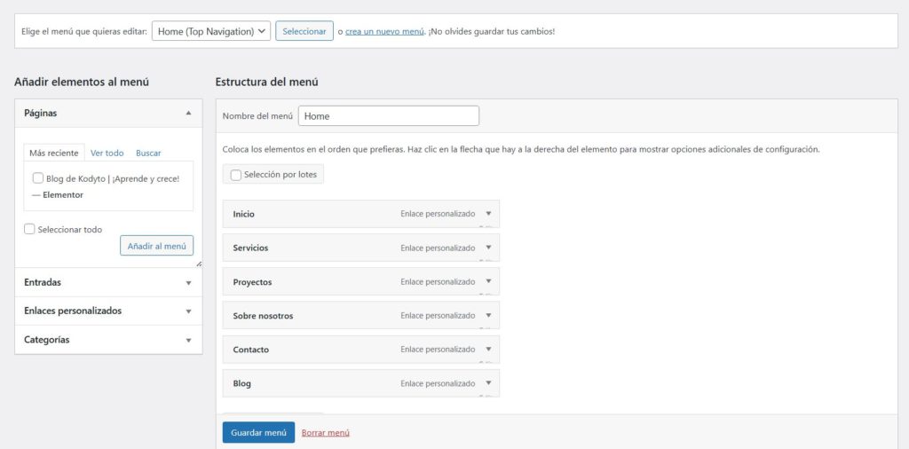 Panel de WordPress de Kodyto, en el apartado menús.