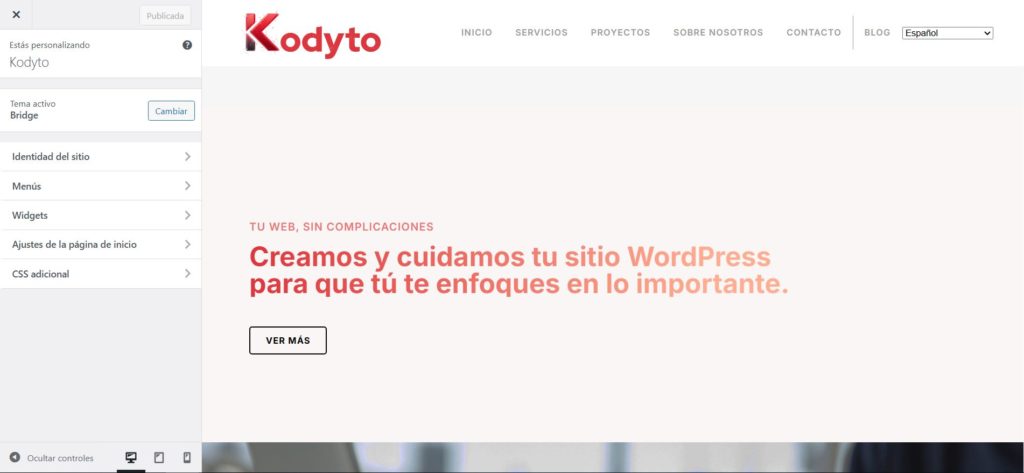 Panel de WordPress de Kodyto, en el apartado personalizar.