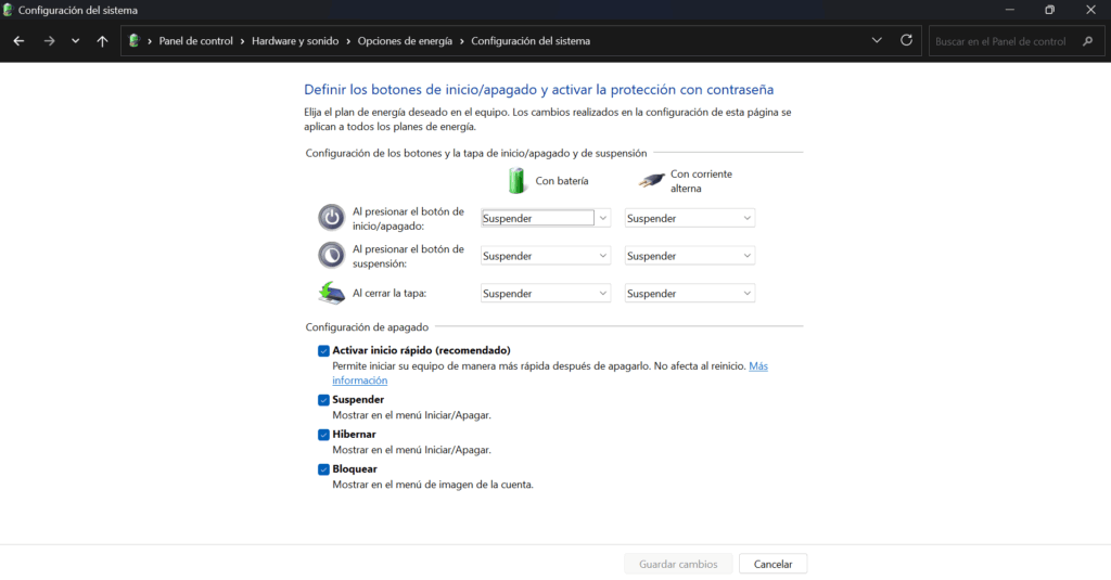 Panel de control en Windows 11, en el apartado de opciones de energía mostrando la opción de hibernación habilitada en el menú.