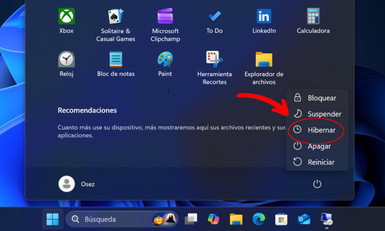 Menú de inicio de Windows 11 mostrando las opciones de apagado, entre las que está la hibernación.