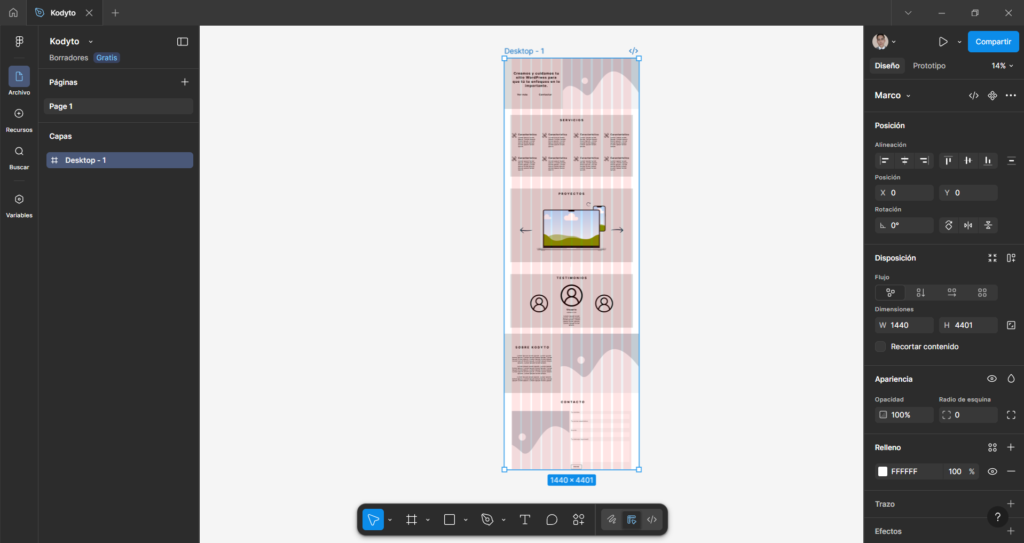 Fase preliminar del diseño de Kodyto. Vista completa en Figma.