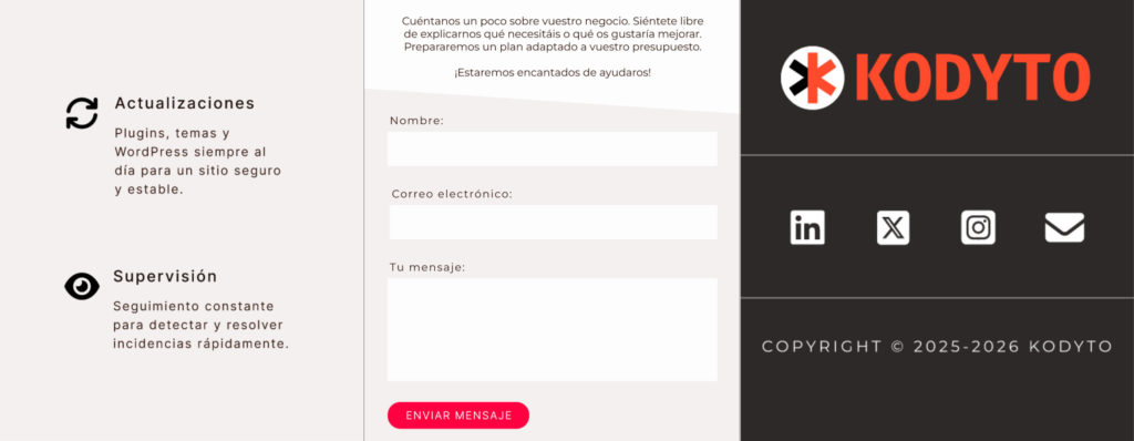 Nuevas secciones del primer restyling de Kodyto: Servicios, Contacto y el Footer.