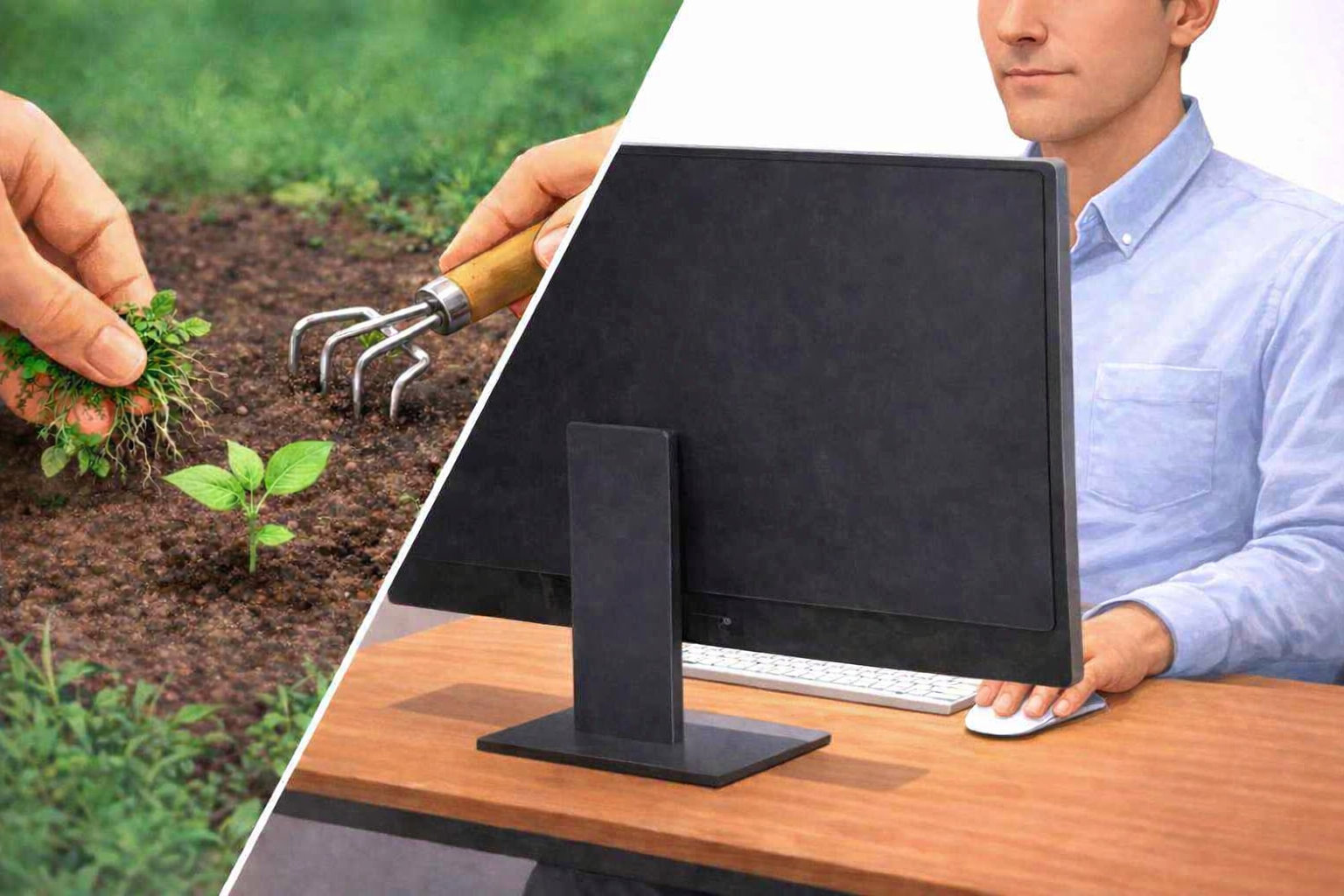 Izquierda: plantita siendo escardada. Derecha: hombre sentado frente a su ordenador.