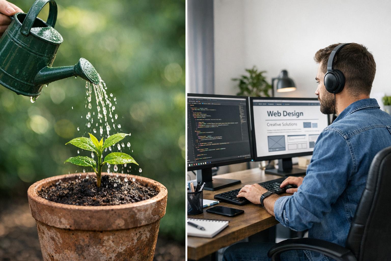 Izquierda: plantita siendo regada. Derecha: hombre sentado frente a su ordenador.