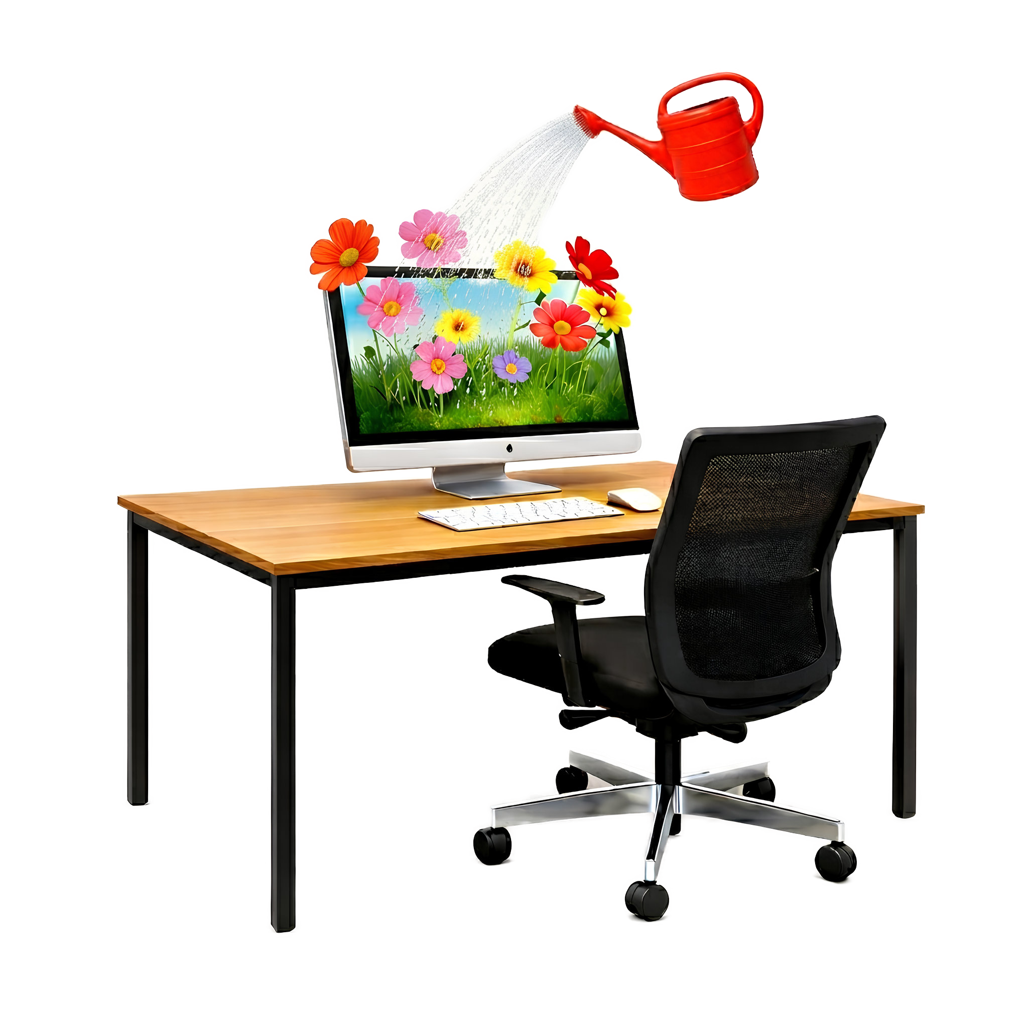 Ordenador de escritorio con un jardín con flores que sobresalen de la pantalla del monitor. Una regadera echa agua sobre las flores.