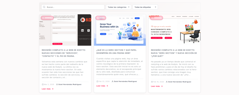 Cuadrícula de entradas bajo un buscador en el blog de la nueva web de Kodyto.