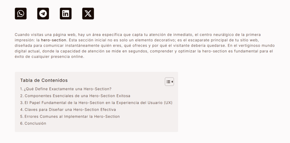 Botones de compartir, primer párrafo y tabla de contenidos de una entrada, de la nueva web de Kodyto.