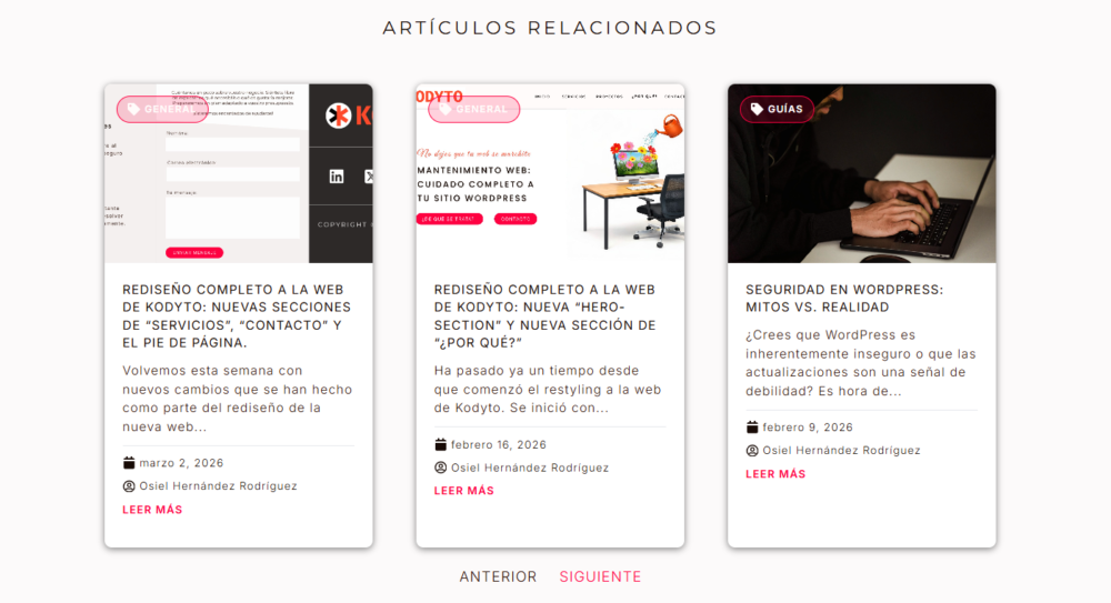 Sección de artículos destacados de una entrada, de la nueva web de Kodyto.