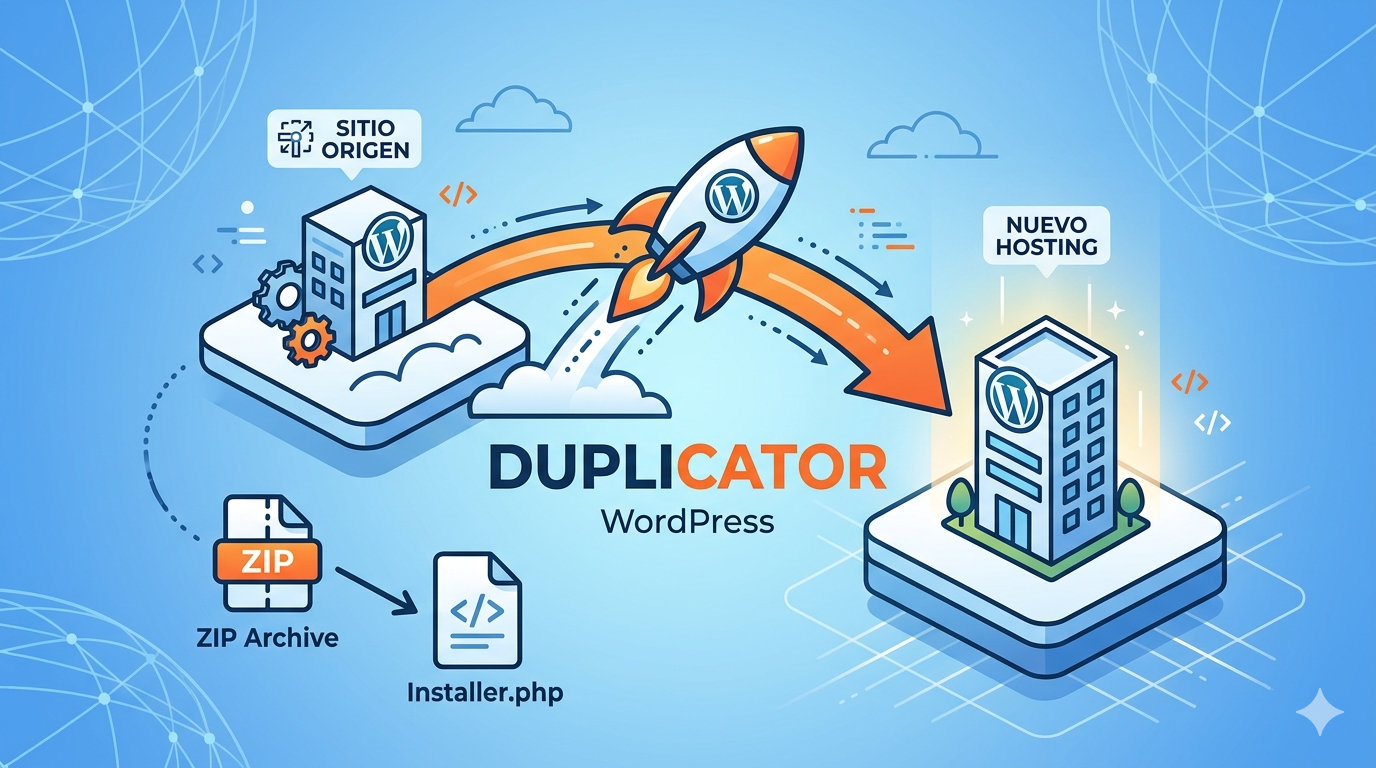 Ilustración del proceso de migración de un sitio web con WordPress usando el plugin Duplicator.