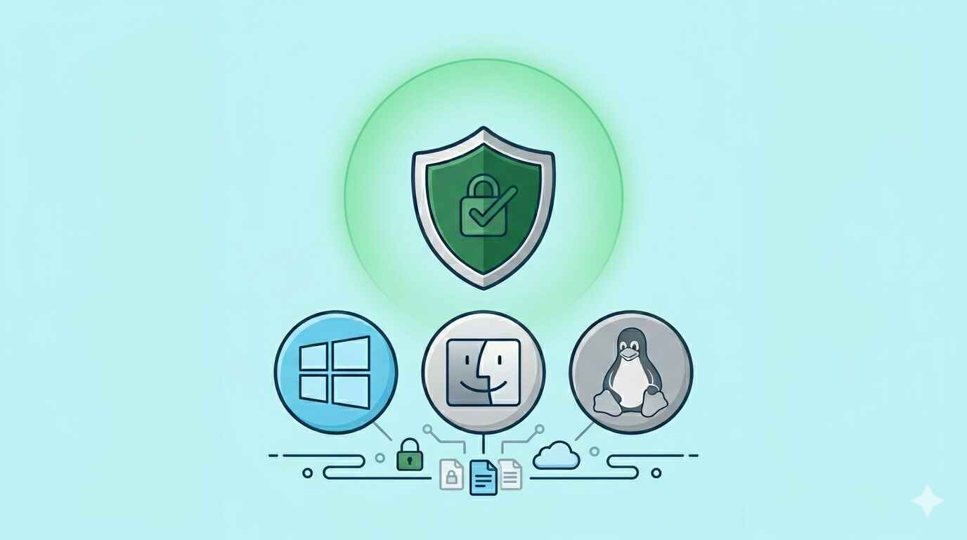 Elementos gráficos ilustrando la ciberseguridad en los sistemas operativos: escudo verde, logo de Windows, logo de macOS y logo de Linux.