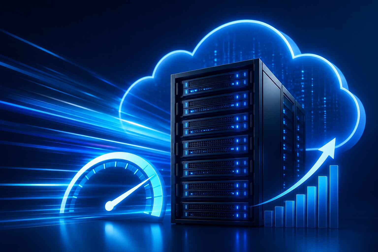 Infraestructura de hosting de alto rendimiento con servidores en la nube y alta velocidad de transferencia de datos.
